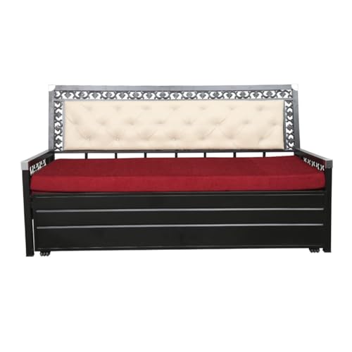 Image of Rexo Metal Sofa Cum Bed with Hydraulic Storage | 3 Seater Convertible Sofa Bed for Living Room | Heavy Duty Metal FrameMatte Black Finish with Maroon Cushion, Single