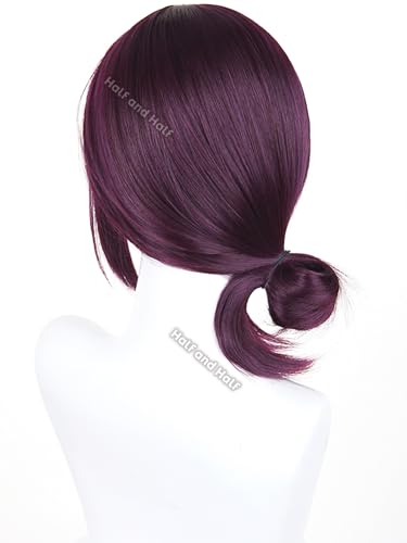 Image of Reze Cosplay Wig Short Dark Purple Anime Cosplay Wigs with Bangs & Bun | Deep Grape Purple Female Wig Synthetic Hair for Halloween Party Women Costumes