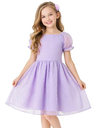 HILEELANG Girls Dress Puff Sleeve Spring Summer Outfit Lavender Chiffon Birthday Party Dress with Soft Lining 413 Years