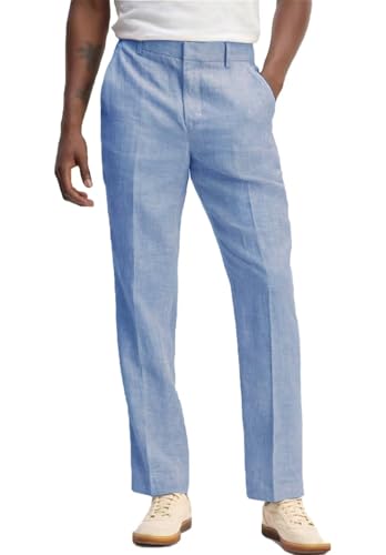 Men's Casual Linen Pants Lightweight Straight with Expandable Waistband for Summer Beach