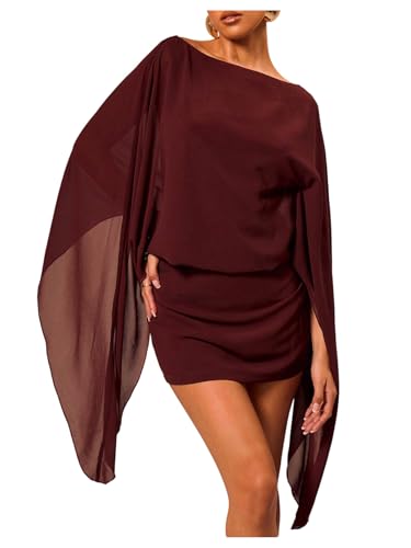 Floerns Women's Mesh Elegant Mini Dresses Boat Neck Cape Sleeve Cocktail Party Dress Red Small