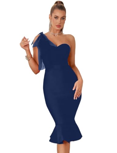 Image of Mesh One Shoulder Bow Midi Dress Fishtail Bandage Cocktail Party Wedding Bridesmaid Evening Gown