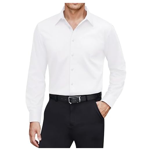 J.VER Men's Dress Shirts Cotton Stretch Long Sleeve Solid Formal Shirt Business Stain Shield Casual Button Down Shirts White XL