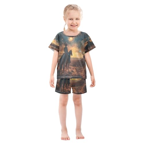 ALAZA Animal Horse Galaxy Nebula Pajamas Set Short Sleeve Cotton Sleepwear Summer Pjs 2 Piece 5-14Y3