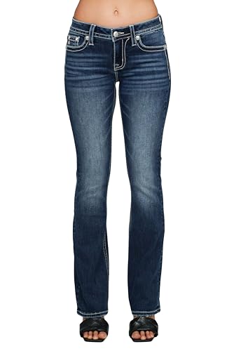 Miss Me Women's Mid-Rise Glacé Bleu Filigree Faux Flap Pockets Bootcut Jeans2