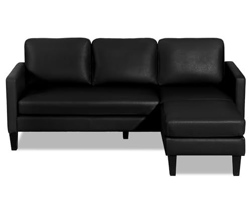 Image of Faux Leather Sectional Couch, L Shaped Sofa with 3 Seater Couch and Reversible Chaise Convertible PU Leather Comfy Couches for Living Room (Black)
