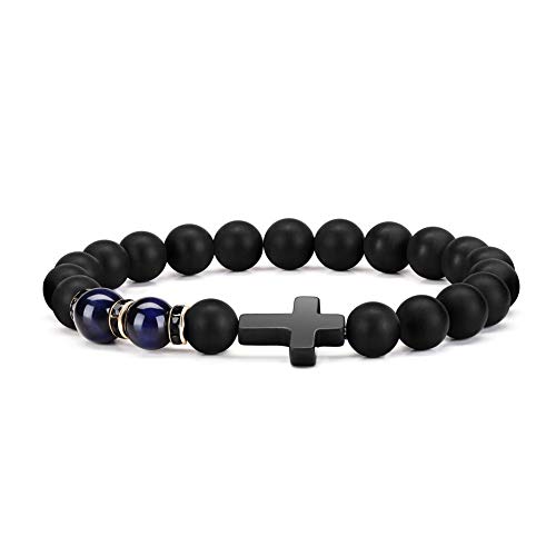 Byson Fashion Religion Cross Men Women 8mm Natural Stone Tiger Eye & Black Matte Agate Beads Bracelet Elastic Bracelet Bangle