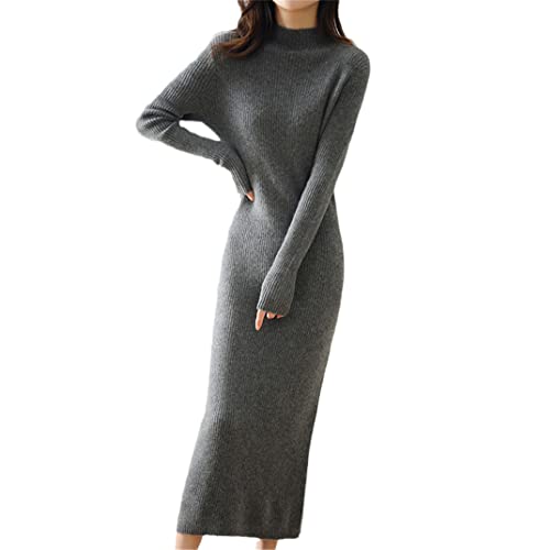 Robe col roulé en pure laine mérinos solide gris XL maille haut de gamme