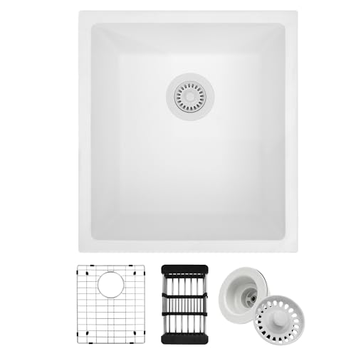 MONSINTA White Bar Sink, White Granite Composite Kitchen Sinks With Accessories, 17 Inch Undermount Quartz Stone Kitchen Sinks, 17" x 19" x 10" Small Kitchen Sink used for RV, Bar, Outdoor and Wet Bar