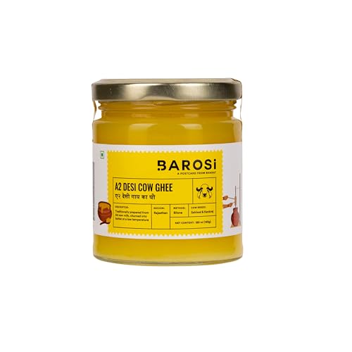 BAROSI A2 Desi Cow Ghee 180ML | Curd Churned Danedar Puja Ghee | Traditional Bilona Method | Grass-Fed Desi Cow | Lab Tested | Pure, Natural, Aromatic | Shudh Gaaye ka Ghee | Glass Jar (180ml)