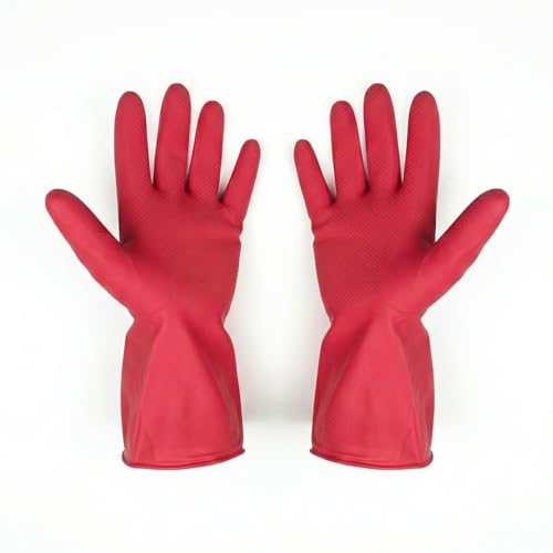 Image of LADWA Premium Rubber Household Cleaning Gloves, Red Color Reusable Waterproof Gloves for Kitchen Cleaning, Dishwashing, Gardening and Bathroom Use with Durable Material (Pack of 1 Pair)