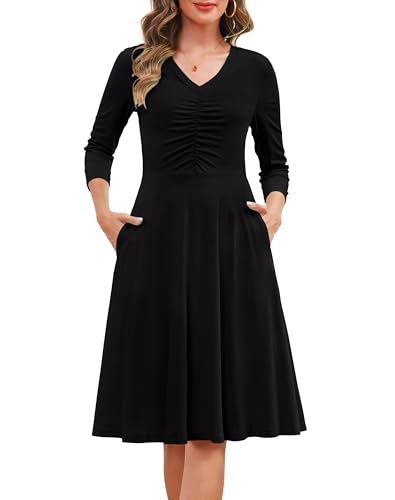 Annebouti Womens 2025 Fall Trendy 3/4 Sleeve A-Line Ruched V Neck Floral Midi Dress with Pockets