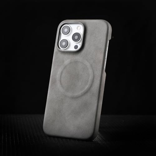 Coque iPhone 13 Pro Max anti-traces cuir gris mat magnétique