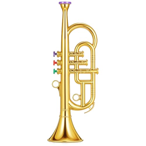 Lewtemi Gold Three-Valve Trumpet Musical Instruments Toy for Kid Toddler Fake Plastic Preschool Music Toy Gift Portable Wind Instrument Early Educational Teaching Songs Gifts for Toddlers Children