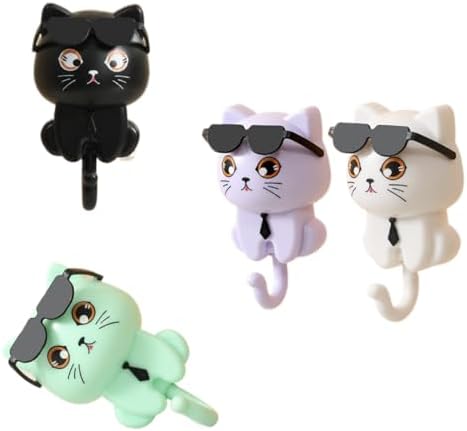 Cat Key Holder for Wall with Sunglasses, No Drill Adhesive Hooks 4 Pack for Keys, Hats, Coats & Towels, Cute Cartoon Cat Wall Decor for Apartment, Kitchen, Office and Bathroom Organization