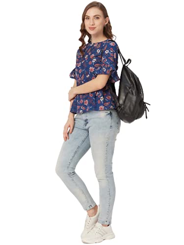 Image of Style Quotient Women Blue & Pink Floral Print A-Line Top