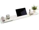 Pampeliška Premium Badewannenablage weiß mit Handtuch-Halterung aus Bambus | Badewannenbrett mit e-Book-/ Smartphone-/Tablet-Halterung | Weinglashalter | Kerzenhalter | Badetablett | Bathtub Caddy