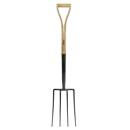 JCB 4 Prong Carbon Steel Heritage Garden Fork, Heavy Duty Professional Site and Gardening Tools Digging Fork for Cultivating, Edging, Moving Soil, Lifetime Warranty