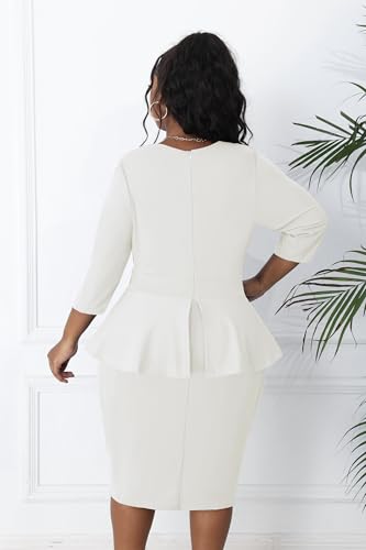 Image of Runwind Plus Size Dresses for Curvy Women, Work Church Professional Office Vintage Peplum Pencil Dress V Neck 3 /4 Sleeve