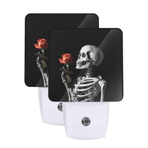 Image of Skull Skeleton Red Rose Night Light Set of 2, Rock and Roll Auto Sensor LED Dusk-to-Dawn Nightlights, Plug-in Sensor Lamp for Bedroom Bathroom Kitchen Hallway Stairs Decorative