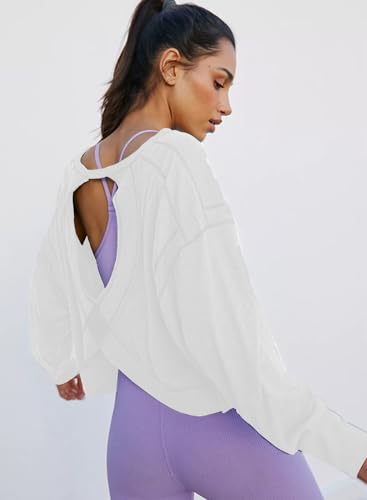 Women's Open Back Workout Crop Top Long Sleeve Casual Athletic Shirts Yoga Tee3