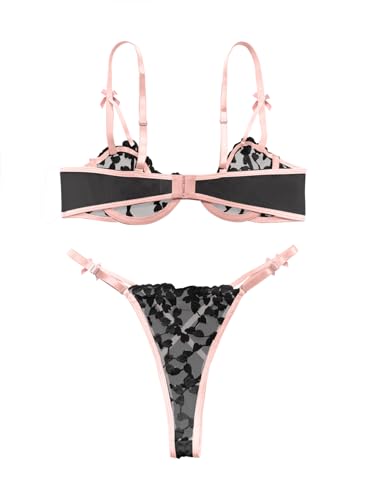 Image of Lilosy Sexy Underwire Cute Push Up Strappy Embroidered Mesh Sheer Lingerie Set See Through Panty Bra