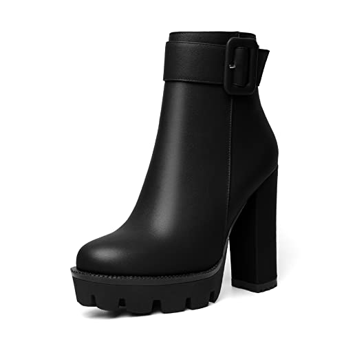 Mettesally Womens Platform Buckle Ankle Boots Round Toe Chunky Block High Heels Side Zipper Short Boots Office Winter Shoes