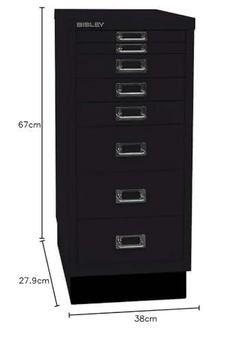 BISLEY MultiDrawer, 29er Serie mit Sockel, DIN A4, 8 Schubladen, Metall, 633 Schwarz, 38 x 27.9 x 67 cm