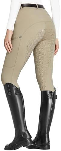 FitsT4 Sports Women's Full Seat Riding Tights with Zipper Pockets Horseback Riding Pants Equestrian Breeches for Women Khaki M