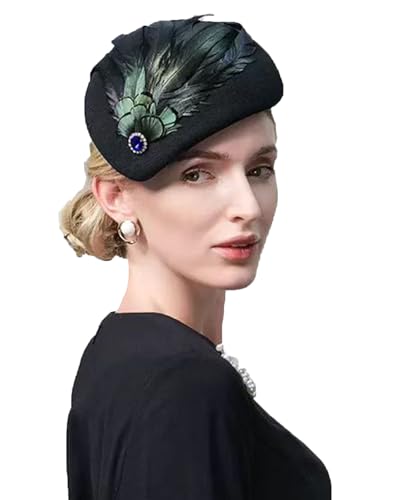 ORIDOOR British Style Pillbox Hat Women Church Derby Wedding Winter Vintage Fascinator Beret 100% Wool Hat 13E Feather Black