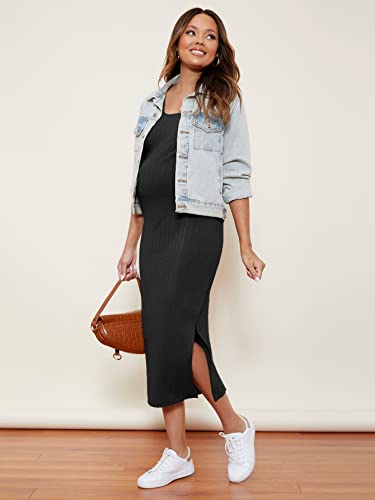 Romwe Women's Maternity Rib Knit Split Side Sleeveless Bodycon Tank Pencil Dress Black S #TOP3