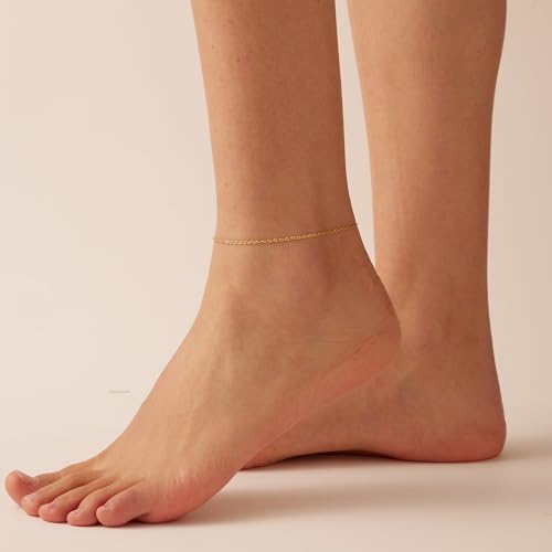 Image of NONAMOIS Ankle Bracelets for Women Dainty 18K Gold Plated Anklet Waterproof Round Beaded Paperclip Herringbone Pearl Chain Anklets Waterproof Beach Foot Jewelry