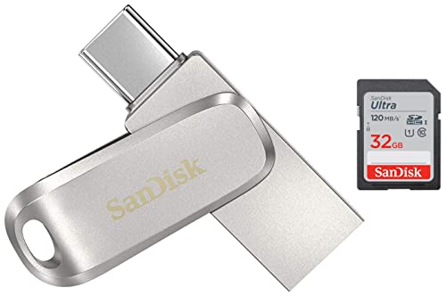 Image of SanDisk 64GB Ultra Dual Drive Luxe Type USB C Flash Drive (5Y - SDDDC4-064G-I35, Silver) & Ultra SDHC UHS-I Card 32GB 120MB /s R for DSLR Cameras, for Full HD Recording, 10Y Warranty