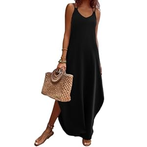 Zeagoo Women’s Casual Sundress Summer Maxi Sleeveless V Neck Split Boho Beach Dress Travel Vacation Dress with Pockets