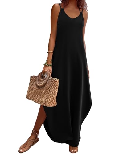 Zeagoo Women's Casual Sundress Summer Maxi Sleeveless V Neck Split Boho Beach Dress Travel Vacation Dress with Pockets