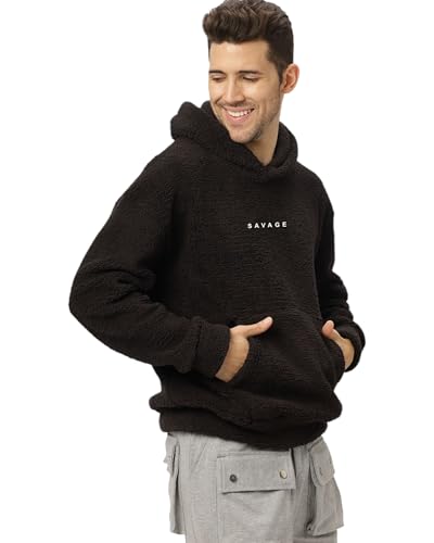 Image of BE SAVAGE Sherpa Fabric Long Sleeves with Pocket Hooded Neck Baggy Woolen Savage Print Hoodie's for Men's