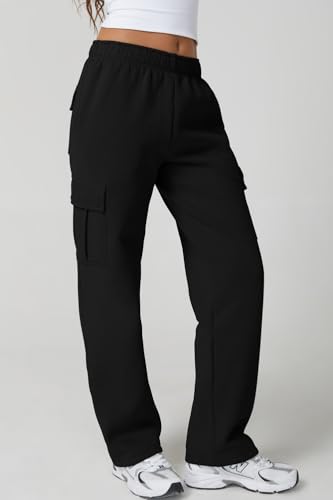 Image of QINSEN Baggy Medium Waist Elastic Sweatpants for Womens Casual Long Fleece Cargo Pants with Pockets