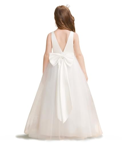 Satin Flower Girl Dress V-Back First Communion Girls Dresses White Maxi Ball Gown for Wedding Party with Bow-Knot