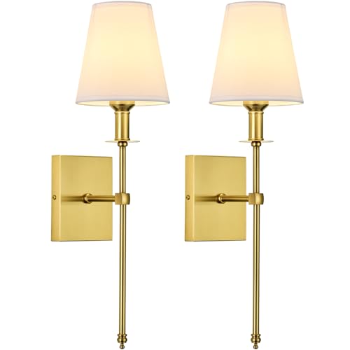 Image of Hardwired Wall Sconce Set of 2, Gold Sconce with Fabric Shade and Column Stand,2 Pack Wired Wall Sconce for Dinning Room Bedroom Living Room Entryway Loft Foyer
