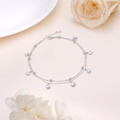Image of Ladytree S925 Sterling Silver Boho Beach Double Layer Anklets Bracelet for Women Adjustable 9 to 11 inches