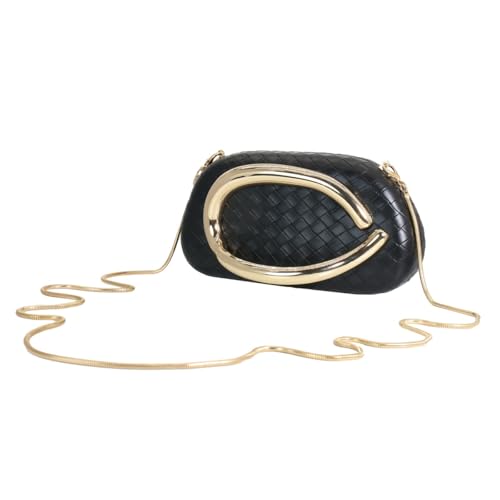 Image of Women Woven PU Leather Clutch Box Metal Handle Evening Bag Trendy Leather Handbag Weave Shoulder Purse for Causal