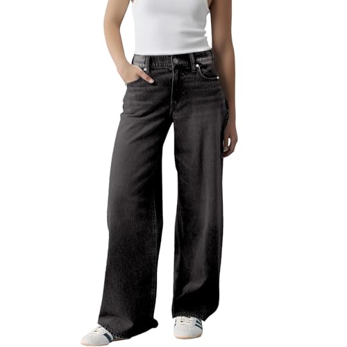 Image of High Waisted Jeans for Women UK Wide Leg High Waisted Stretch Boyfriend Jeans Plus Size Pull On Long Trousers 90s Vintage Hip Hop Loose Denim Pants with Pockets Summer Spring Casual Y2K Streetwear