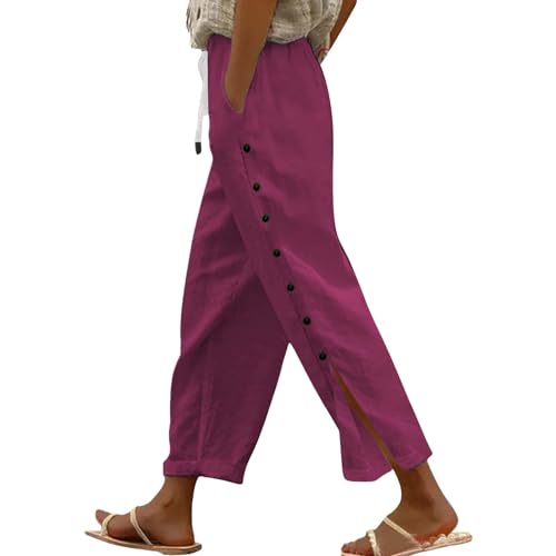 Pantalones de lino para mujer, de algodón, para verano, informales, cintura elástica, pantalones cortos de ajuste holgado, dobladillo dividido, pantalones de descanso, pantalones de playa, pantalones