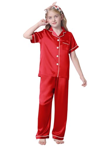 Umeyda Girls Pajamas, Satin Pjs Silk Sleepwear Comfy Family Matching 2Pcs Lightweight Loungewear Gift for Teen Kids, Red, 10-11 Years = Tag 1502