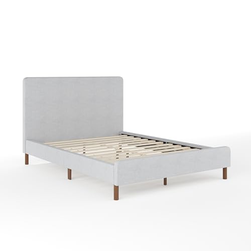 Image of Martha Stewart Britta Platform Bed with Headboard & Footboard, Faux Linen Upholstery with Piping Detail, Rounded Headboard, No Box Spring Needed, Full, Gray