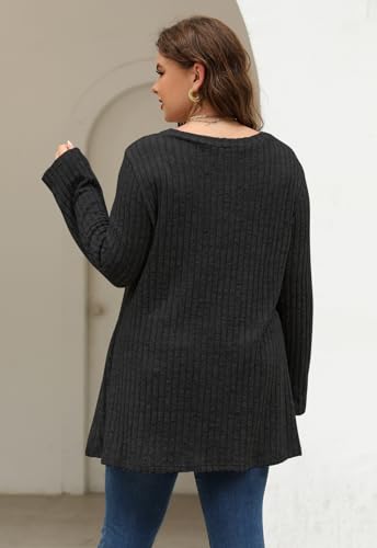 Image of Nemidor Women Plus Size Casual Tunic Top Drawstring V Neck Long Sleeve | 1X-5X plus, ribbed knit, long sweater, solid, semi-fitted flattering cut for curvy women, Fall, Winter, work, daily, dinner