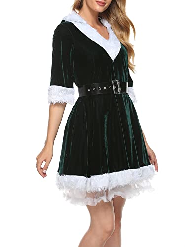 Achlibe Women Mrs Santa Claus Costume Christmas Fancy Dress Plush V-Neck Velvet Cosplay Dress Outfit (A-b-Green, S) - Image 4