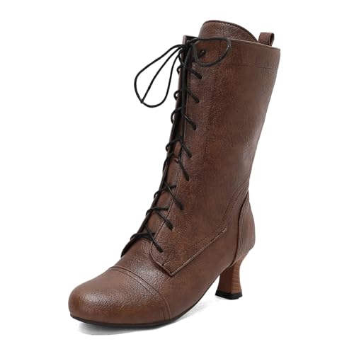 CSRZPMG Women Victorian Boots Witch Costume Renaissance Kitten Heel Retro Mid Calf Fashion Dress Shoes Chunky Heel Lace up Round Toe Pirate Vintage High Heel Boot