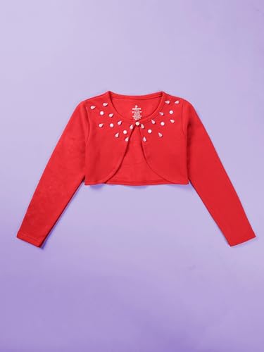 Image of KiddoPanti Girls Fleece Crop Length Shrug | Cotton Poly Fleece Fabric |Sequin Patch on Chest | Front Open Pearl Button Closure | Crop Length, Full Sleeve | Lightweigth & Breathable Girls Shrug