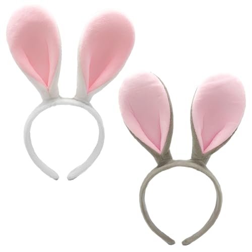 Tomedeks 2 peças acessórios de disfarce de coelho cosplay diadema de pelúcia de orelhas de coelho de coelho para crianças adultos favorecem festa ou decoração da páscoa, cinzento branco